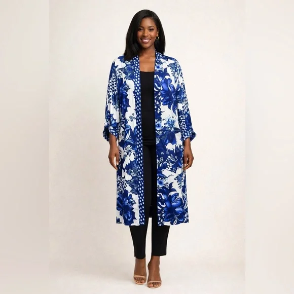 Chico’s Reversible Floral Duster Jacket Blue White NWT Size 1 Kimono - Picture 1 of 8